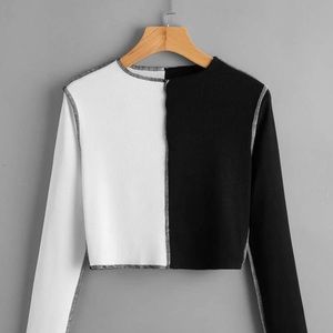 Black & white stitch long sleeve crop top